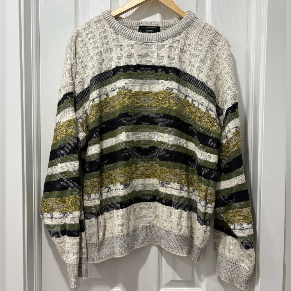 Vintage Men's Striped Sweater Green, Black Cream Large Cotton CLEAR OUT SALE